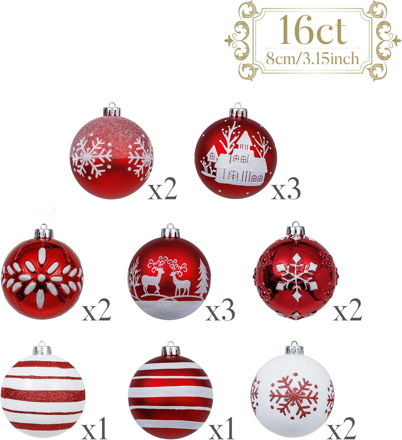 Christmas Tree Decorations Set, 16Ct Red and White Shatterproof Christmas Ball Ornaments Bulk, 3.15 Inch Traditional Hanging Ornaments for Christmas Trees Xmas Holiday Party Decor