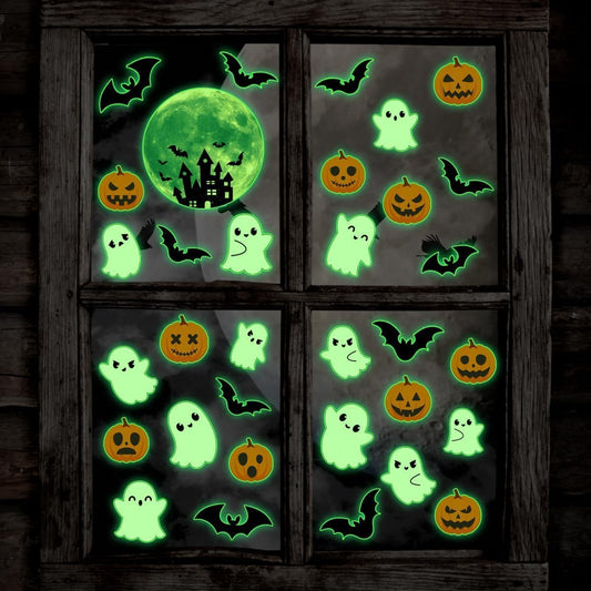 3 Sheets Glow in the Dark Halloween Window Clings Luminous Halloween Window Stickers Removable Pumpkin Ghost Wall Decor Glowing Window Clings for Scary Halloween Theme Party Decorations