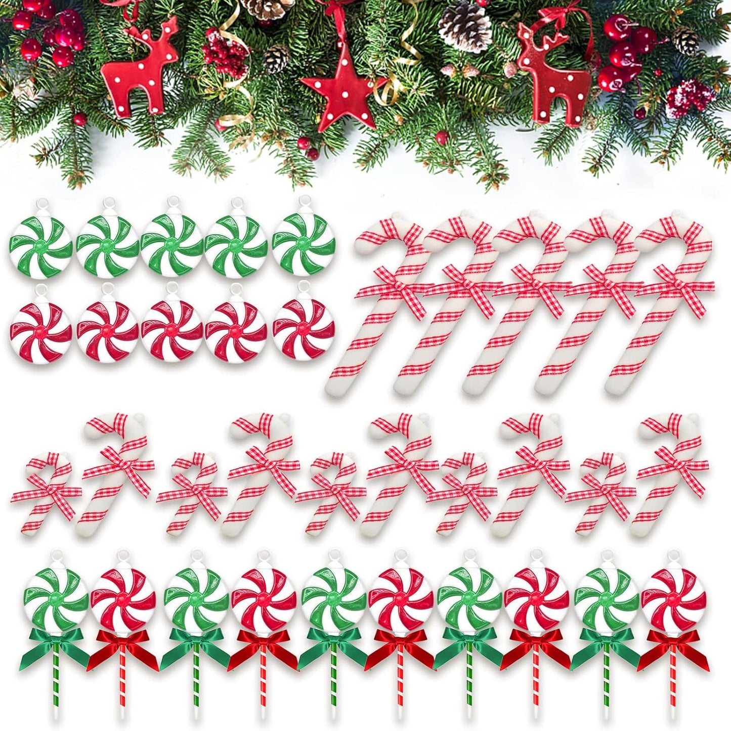 Christmas Candy Cane Decorations Plastic Christmas Tree Hanging Ornaments Swirl Peppermint Lollipop, Shatterproof Christmas Candyland Christmas Ornaments for Holiday Decor Party Favors 35 Pcs