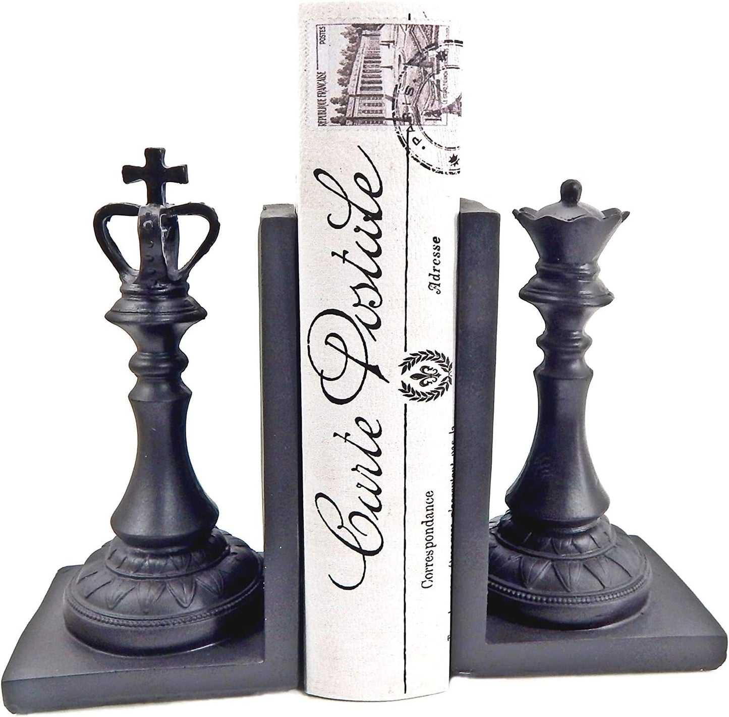 29745 Chess King and Queen Decorative Bookend Royal Exquisite Vintage Retro Book Ends Shelf Organizers Books Stopper Black Statues Sculpture 7 Inch