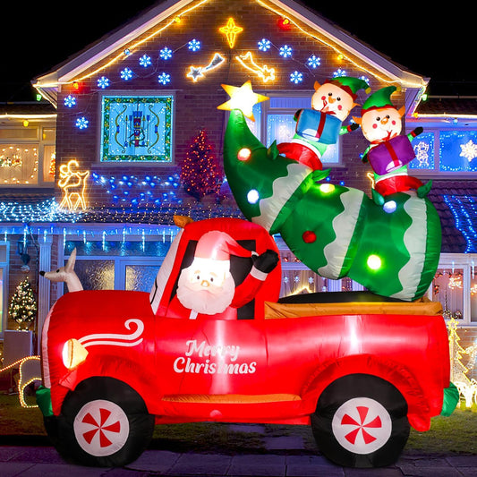 8 FT Christmas Inflatables Yard Decorations, Blow up Santa on Red Truck with Christmas Tree and Elfs, Light up Holiday Inflatables for Indoor Outdoor, Xmas Party, Lawn, New Year