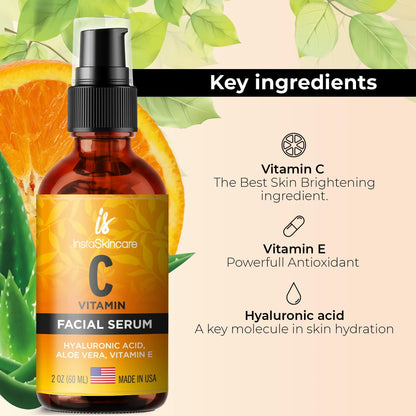 DOUBLE SIZED (2Oz) Vitamin C Serum for Face with Hyaluronic Acid and Vitamin E