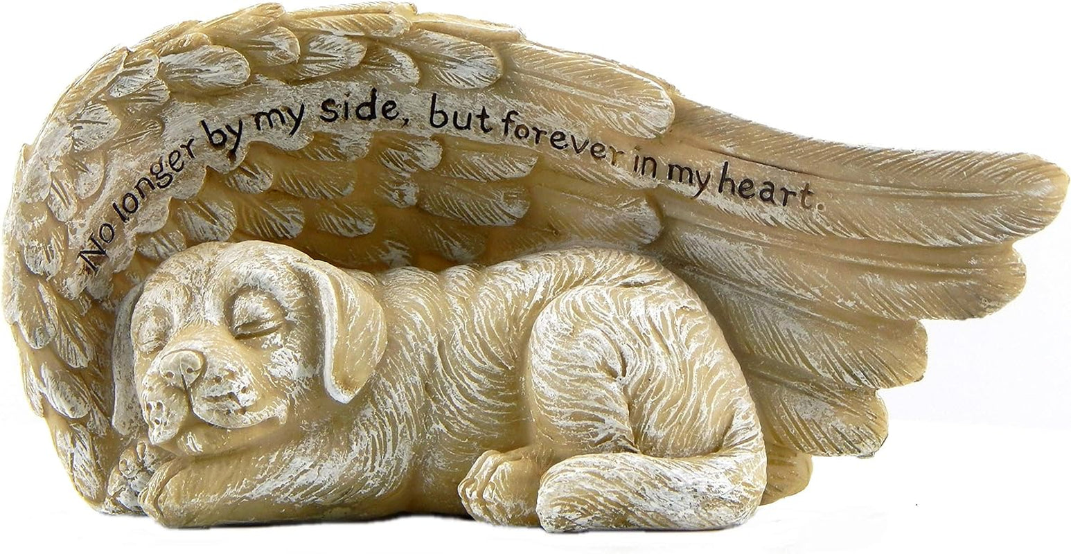 Dog Statue with Angel Wing Cute Cool Garden Stone Sculpture Pet Memorial Grave Marker Tombstone Indoor Outdoor Backyard Tribute Figurine 8 Inch