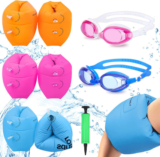 Arm Floaties for Kids 6-12Yrs, PVC Arm Floaties Inflatable Swim Arm Bands Floater Sleeves Swimming Rings and Swimming Goggles Kids Floaties for Pool 6 Pack (Blue)