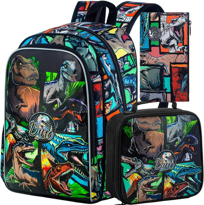 Boys Backpack, 16” Kids Dinosaur Preschool Bookbag and Lunch Box for Kindergarten Elementary