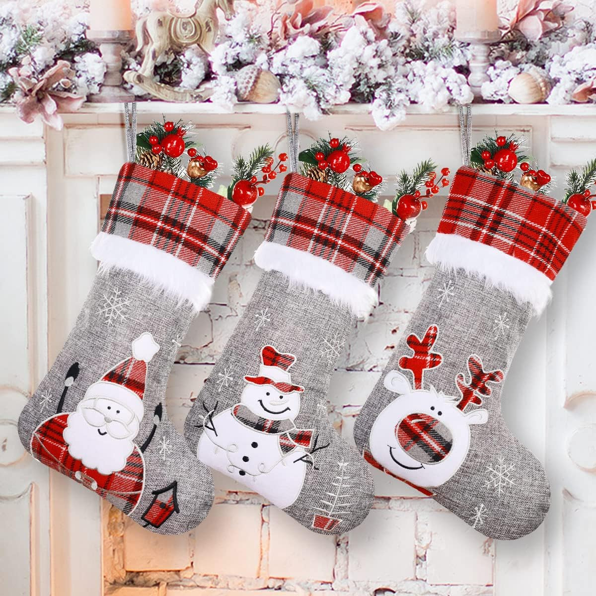 Burlap Christmas Stockings 3 Pack, 18" Red/Grey Buffalo Plaid Embroidered Cute Santa Snowman Reindeer Plush Large Hanging Stockings for Christmas Decorations Ornaments Gifts Stuffers Bag Clearance