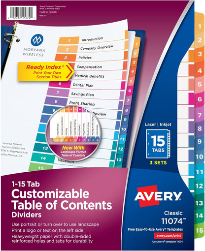 12 Tab Dividers for 3 Ring Binders, Customizable Table of Contents, Multicolor Tabs, 6 Sets (11196)