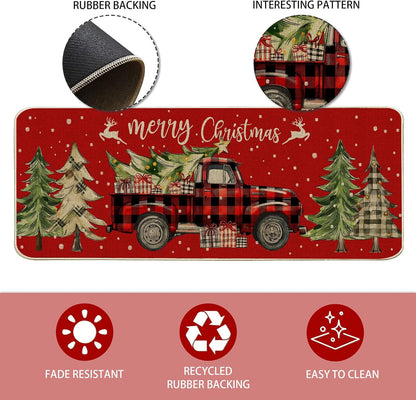 Christmas Kitchen Mats for Floor - Farmhouse Truck Buffalo Plaid Christmas Kitchen Decor - Red Christmas Kitchen Rugs Set of 2, Christmas Decorations for Home, Indoor 17"X27+17"X47"