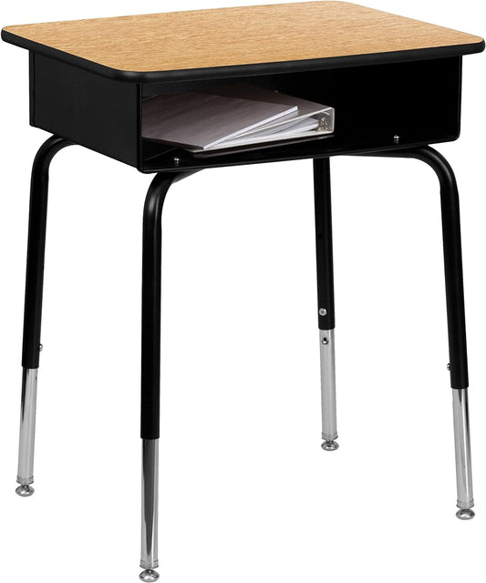Billie Open Front Student Desk for Classrooms or Remote Learning, Height Adjustable School Desk with Metal Book Box, Natural/Black