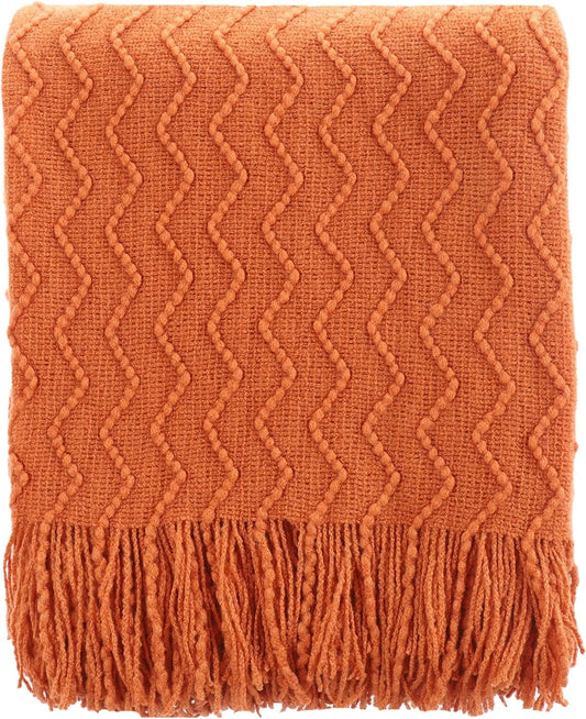 Burnt Orange Throw Blanket for Couch, Decorative Fall Throw Blanket with Tassels Halloween Throw Fall Decor, 50"X60"