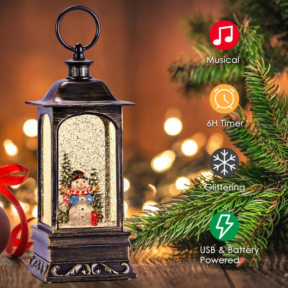 Christmas Snow Globes with Music, Snowman Snow Globe Lantern 6H Timer Lighted Christmas Lantern for Christmas Decorations