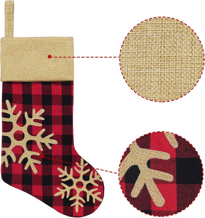 Christmas Stockings Decorations 6 Pack, 18 Inches Red Black Buffalo Plaid Xmas Ornaments, Rustic Cotton Linen with Embroidered Burlap, DIY Personalized Farmhouse Decor for Home Family Party Tree