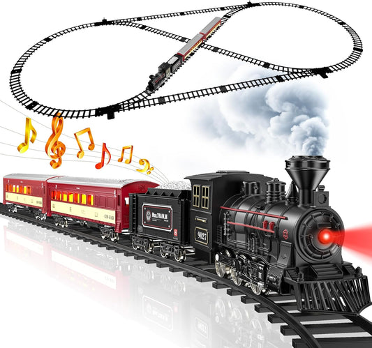 Train Set - Metal Train Toys with Luxury Tracks and Glowing Passenger, Christmas Train Sets for around the Tree with Smokes, Lights & Sound, Toy Train Set for 3 4 5 6 7+ Years Old Boys Gifts