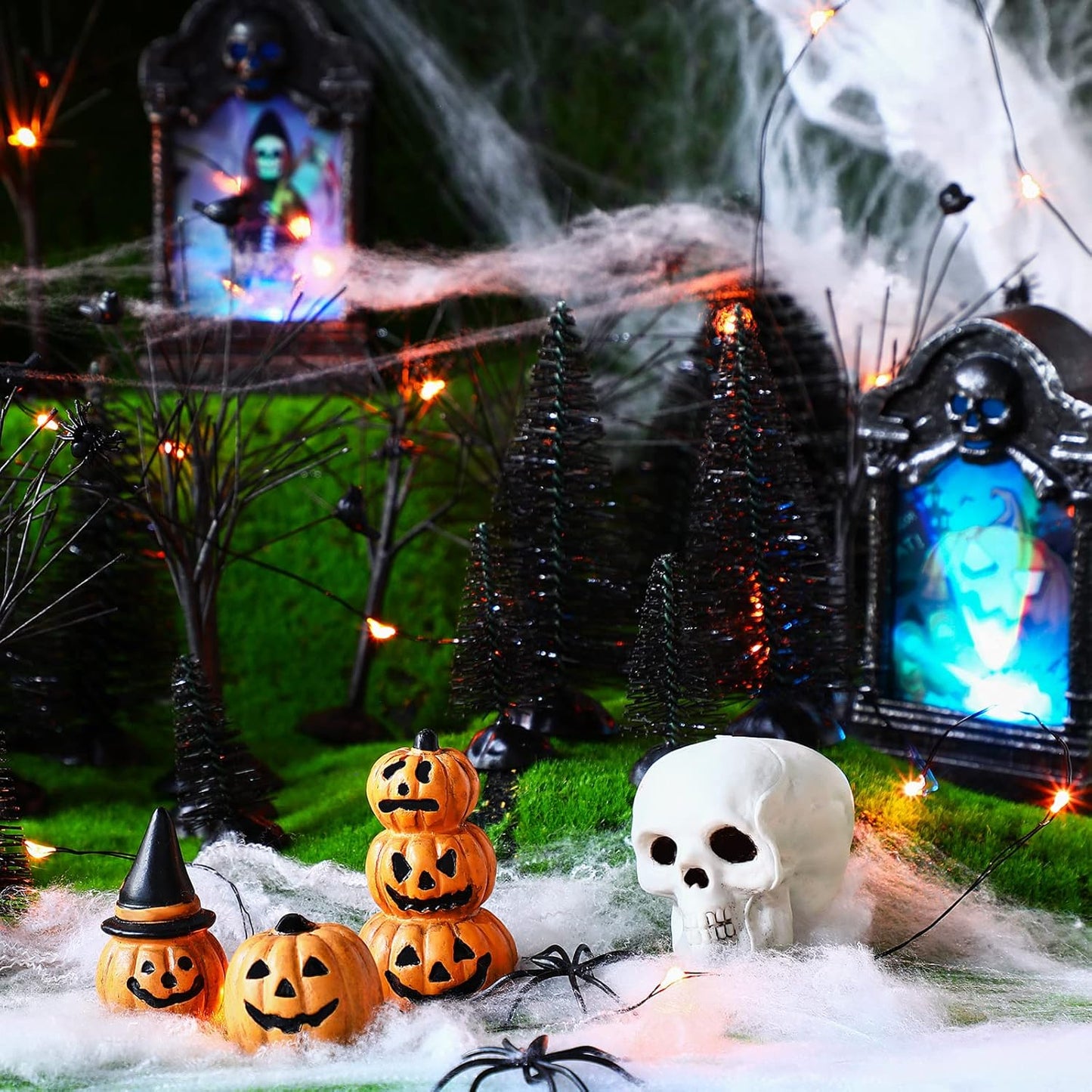 19 Pcs Halloween Village Accessories Set Miniature Halloween Figurines Houses Ornaments Bare Branches LED Tombstones Skeleton Pumpkin Statues Fake Spiders Halloween Party Decor