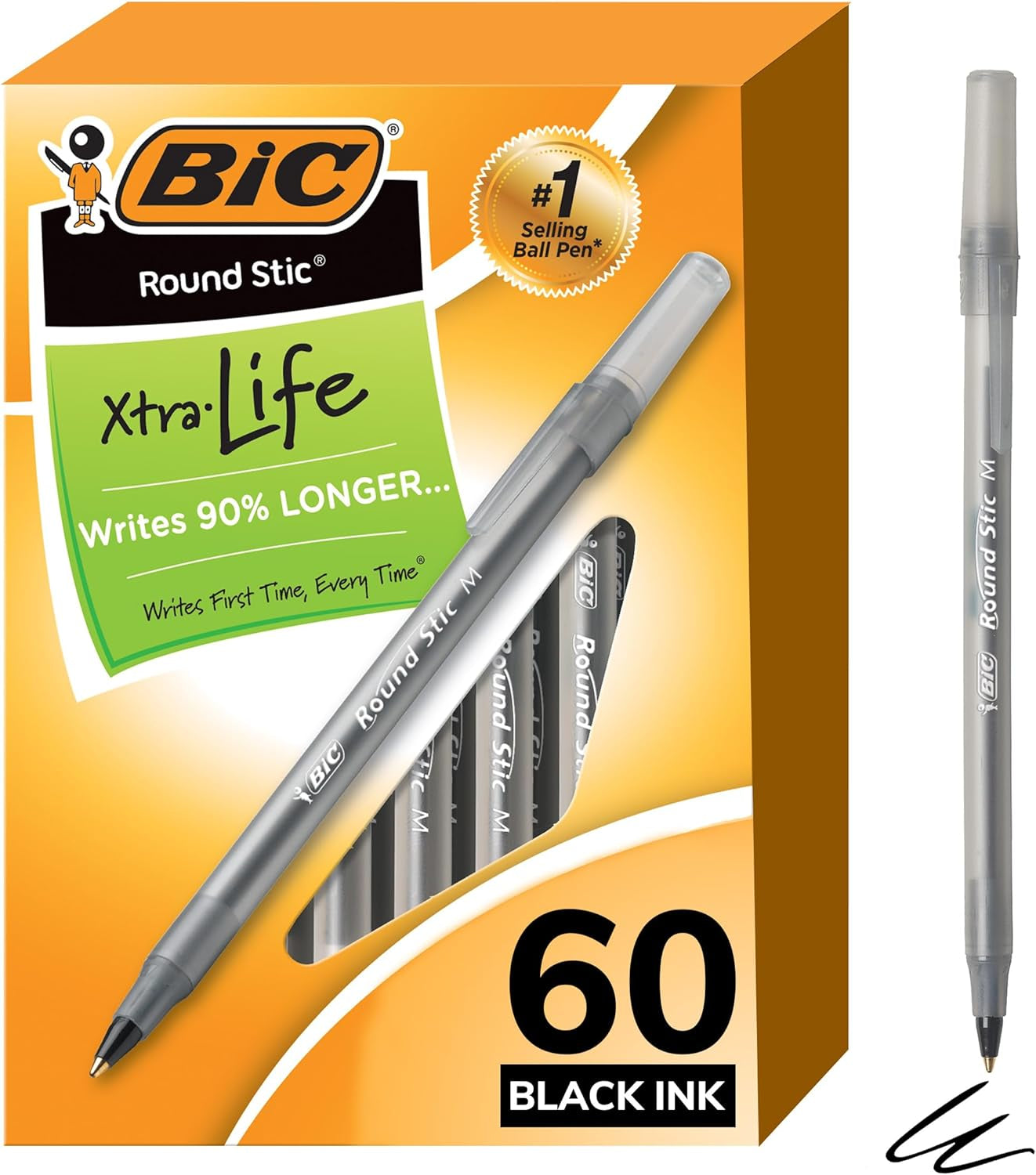 round Stic Xtra Life Ballpoint Pens, Medium Point (1.0Mm), Black, 60-Count Pack, Flexible round Barrel for Writing Comfort, Perfect Teacher Appreciation Gifts