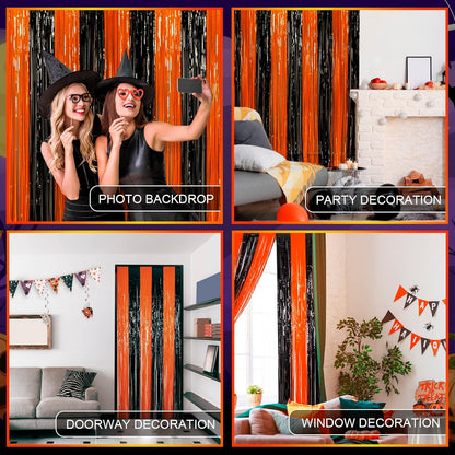 3 Pack Orange Black Photo Booth Props 3.3 X 6.6 Ft Halloween Foil Fringe Curtains Halloween Party Photo Backdrop Streamers Backdrop for Birthday Anniversary Party Halloween Party Decoration