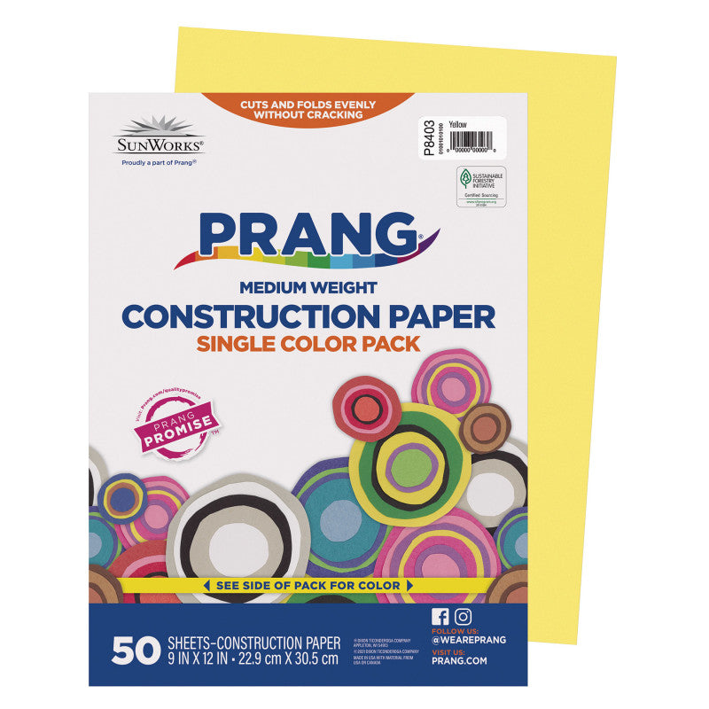Construction Paper, Medium Weight, Yellow, 9" x 12", 50 Sheets
