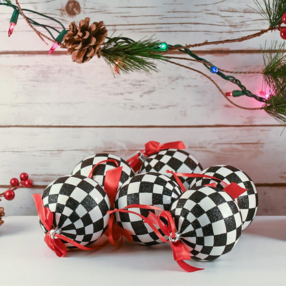 Black and White Ornaments - Glittered Black and White Checkered Ball Checked Ornament with Red Bow, Glitter, and String Christmas Tree Xmas Decoration Set - 3.5" Pack of 12