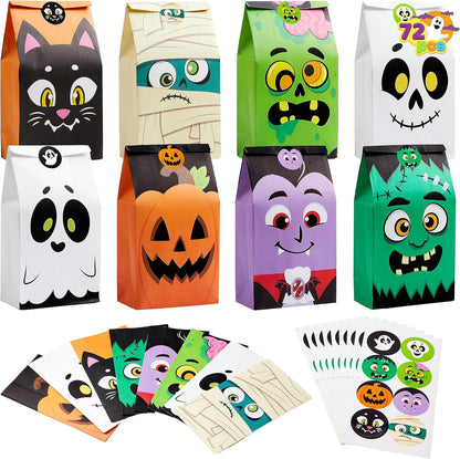 72PCS Halloween Treat Bags, 6 Styles Trick or Treat Paper Bags with Stickers, Halloween Goodie Bags for Kids, Halloween Candy Bags, Halloween Party Favors Decorations