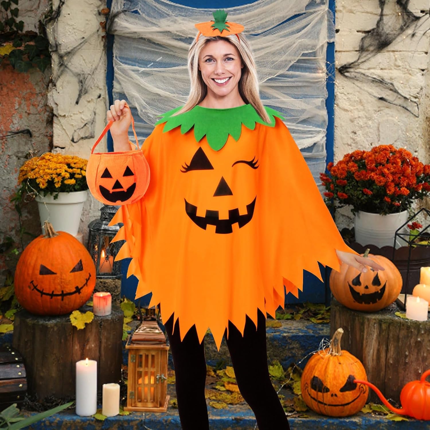 Halloween Pumpkin Costume for Women,Pumpkin Poncho for Adults with Headband & Bag,Halloween Costume for Women