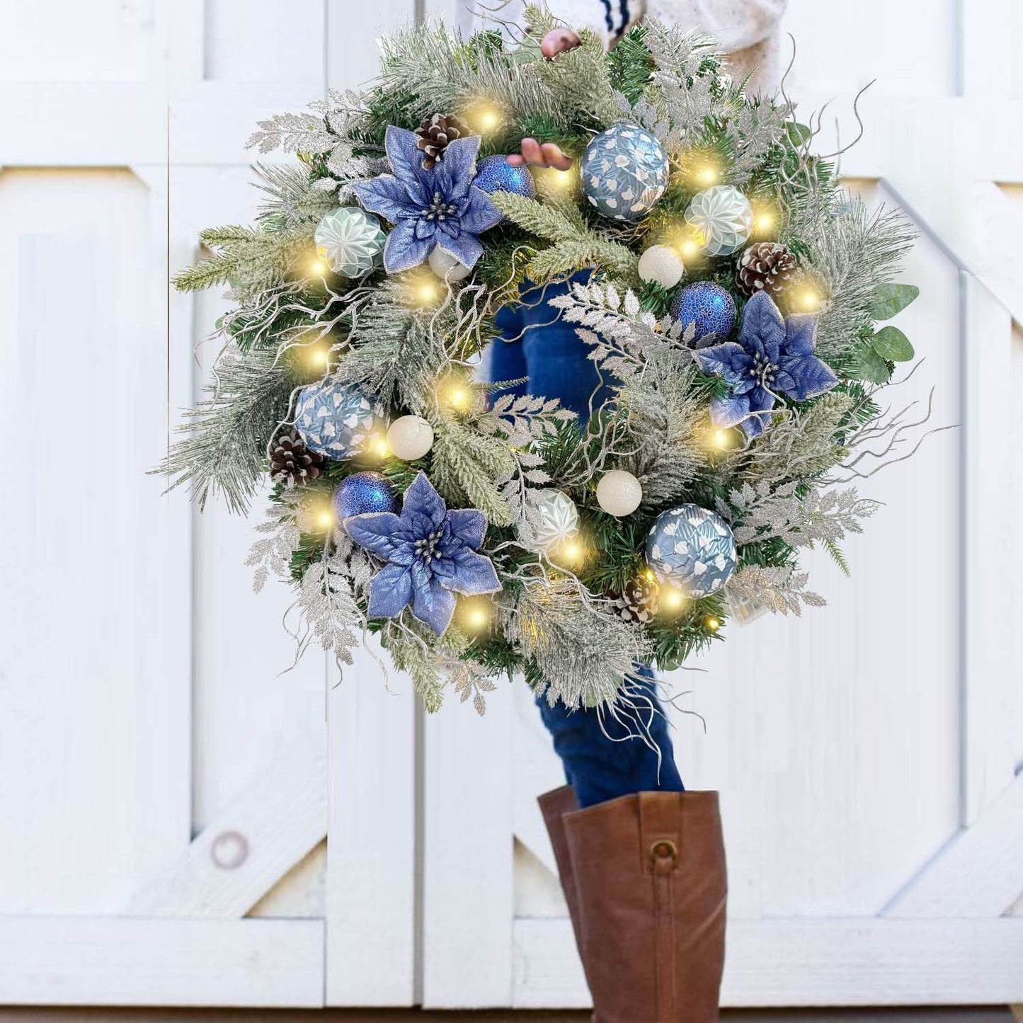 Pre-Lit 24 Inch Christmas Wreath for Front Door Silver Blue Lighted Christmas Door Wreath Decoration with Ball Ornaments, Poinsettia Flowers,Pine Cones, Battery Operated 30 LED Lights