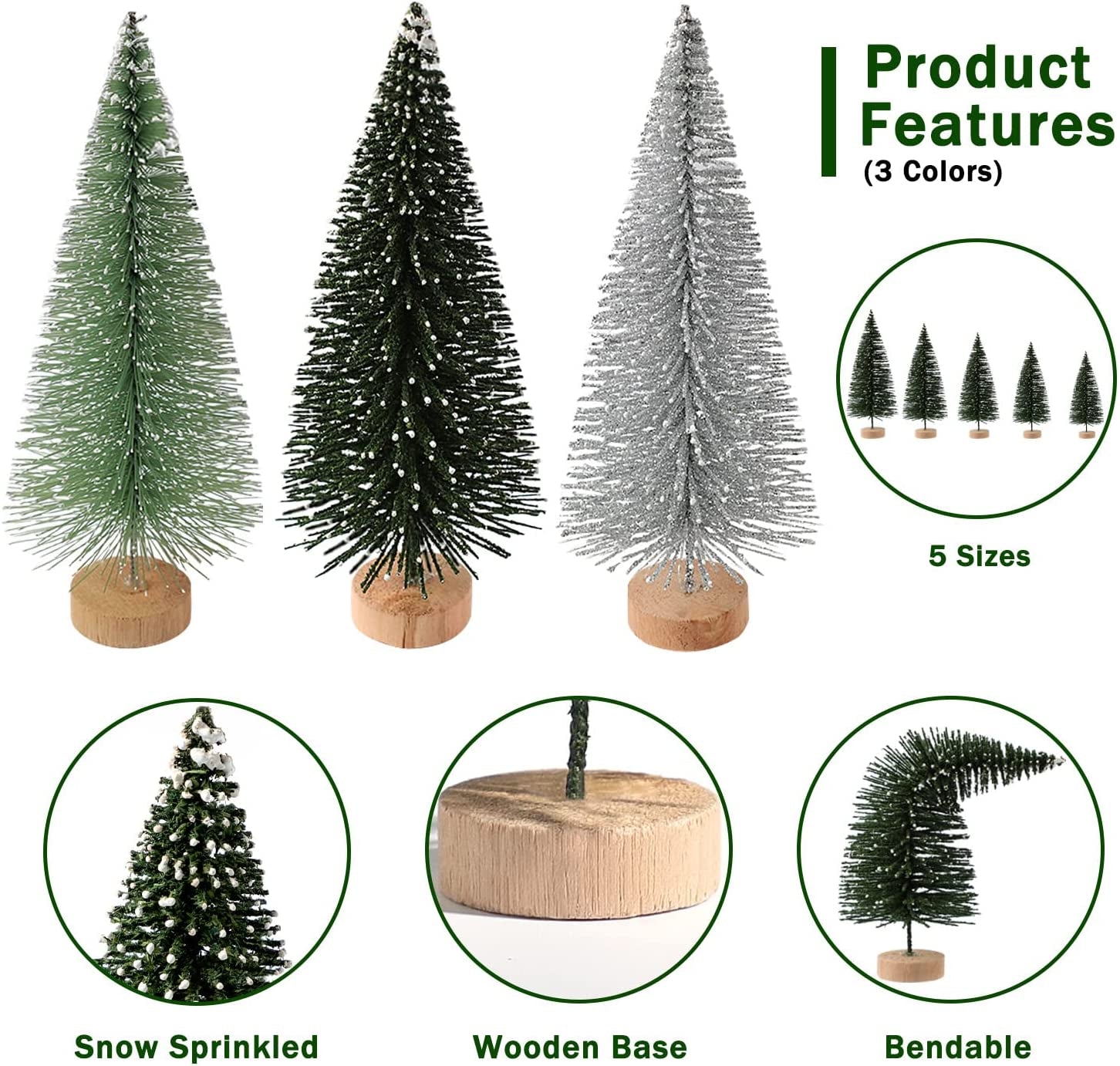 30Pcs Mini Christmas Trees Artificial Christmas Tree Bottle Brush Trees with Wooden Base for Christmas Decor Christmas Party Home Table Craft Decorations(Green+Silver+White)