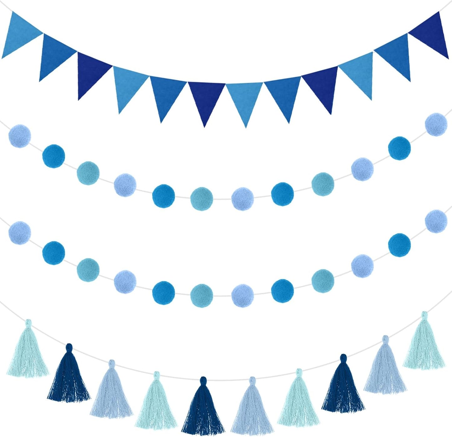 9.8 Feet Christmas Pom Pom Garland Felt Fabric Garland Set Colorful Tassel Garland 3.6 Feet Felt Pennant Banner for Xmas Tree Classroom School Christmas Fireplace Birthday Party(Blue)