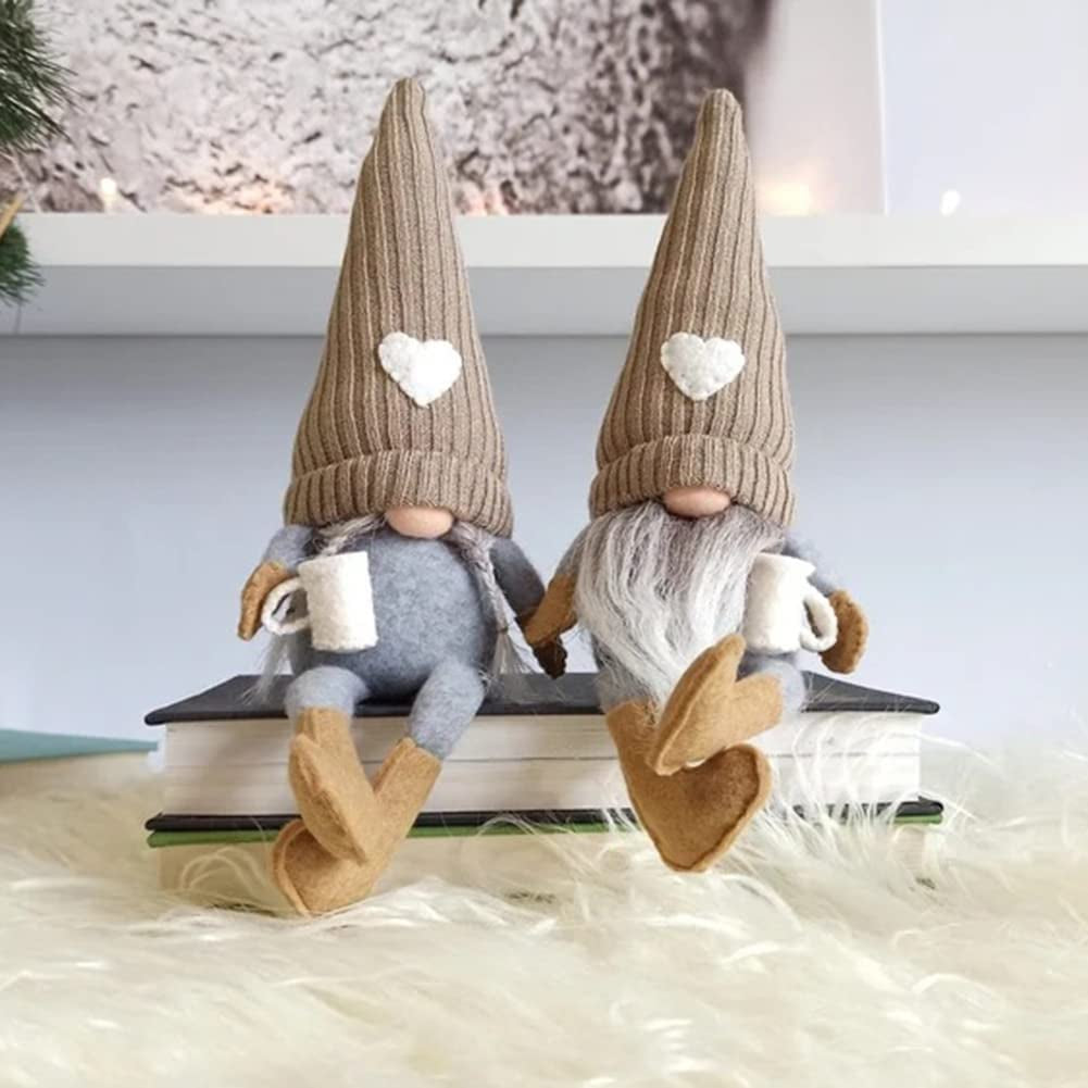 2 Pcs Gnomes Plush Bar Decor, Handmade Swedish Tomte Gifts Farmhouse Scandinavian Figurine Gnome for Home Kitchen Coffee Station Table Shelf (Brown)