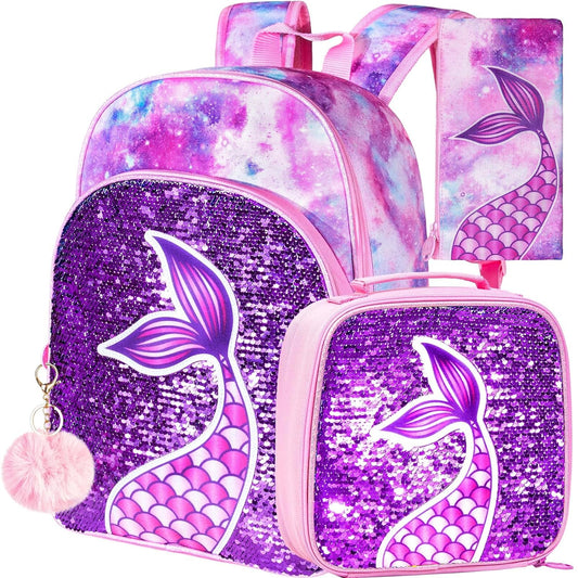 3PCS Kids Backpacks for Girls, 16" Little Kid Mermaid Sequin Preschool School Bookbag and Lunch Box