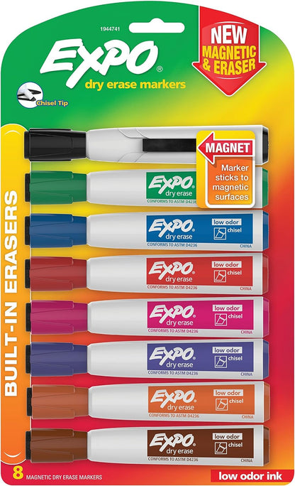 Magnetic Dry Erase Markers with Eraser, Chisel Tip, Assorted, 8 Count