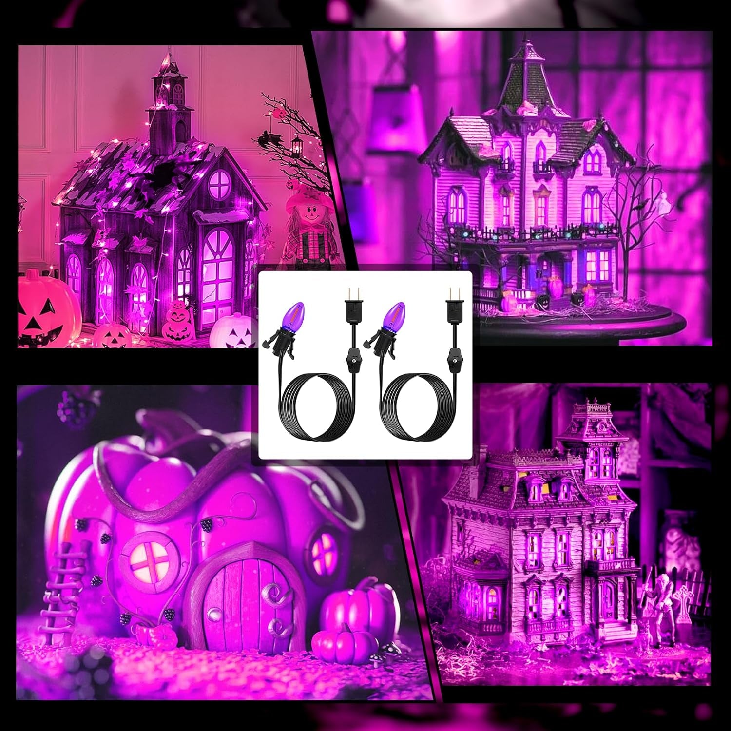 Accessory Cord with One LED Light Bulb - 6Ft Cord with On/Off Switch for Halloween Pumpkin, DIY Craft Projects, Paper Lantern Halloween Decoration, Village House, Holiday Ceramic Trees, 2 Pack, Purple