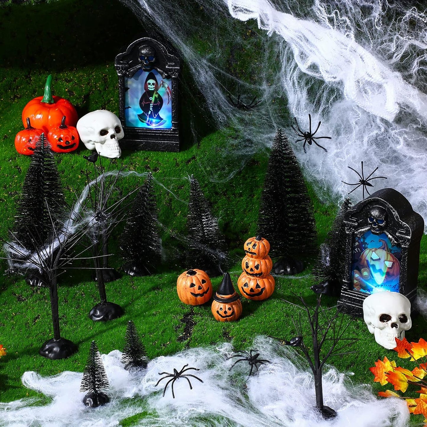 19 Pcs Halloween Village Accessories Set Miniature Halloween Figurines Houses Ornaments Bare Branches LED Tombstones Skeleton Pumpkin Statues Fake Spiders Halloween Party Decor