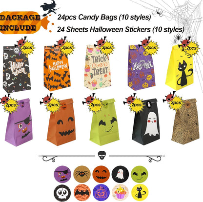 Halloween Candy Bags Party Favors - 24Pcs Halloween Trick or Treat Goody Gags Gift Treat Bags with 24 Pcs Halloween Stickers, Halloween Bags Party Supplies Small Gift Bags for Kids Girls Child Boys