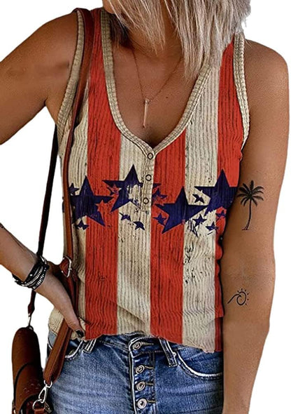 Womens American Flag Button V-Neck Tank Coloful Printed Sleeveless Patriotic Shirts Summer Tops