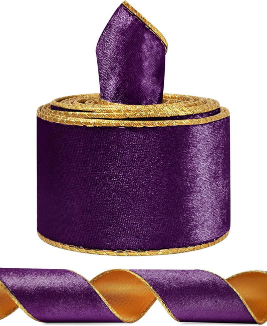 Purple Wide Velvet Ribbon Wired for Christmas Tree, Garland, Wreath, 2.5 Inch 5 Yards