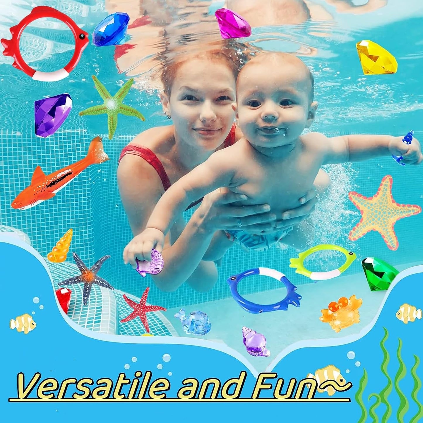 24 Pcs Diving Pool Toys for Kids with Storage Mesh Bag, Summer Pool Games Underwater Swimming Toys for Boys Girls Toddlers