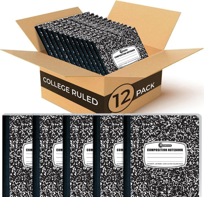 College Ruled Composition Notebooks 5 Pack, 200 Pages (100 Sheets), 9-3/4" X 7-1/2", White & Black Marble Composition Book, Hard Cover, Sturdy Sewn Binding, School, College & Office Supplies