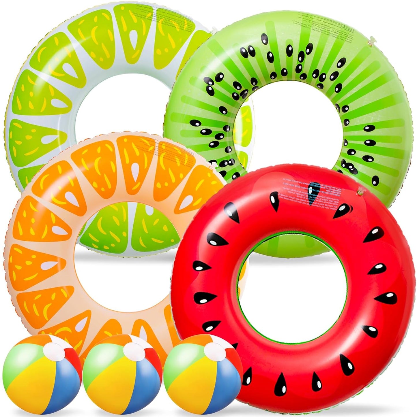 7PCS Fruit Pool Floats: Watermelon Kiwi Orange Lemon Swimming Rings with 13.5" Beach Balls - Inflatable Tubes Floaties Toys for Kids Adults