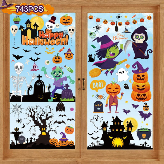 Halloween Decorations 743 PCS Halloween Window Clings, 10 Sheets Cute Halloween Window Decorations, Large Halloween Window Stickers Double-Sided Removable Window Decals, for Kids Party Decorations