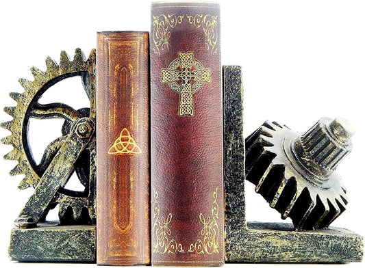 Decorative Bookend Gear Book Ends Industrial Rustic Vintage Unique Heavy Statues Bookshelves Support Home Decor Accents (Large)