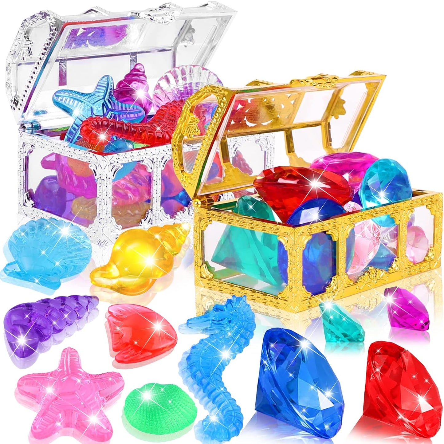 Diving Gem Pool Toys 10 Colorful Big Diamond Gem with Treasure Pirate Chest Box Summer Underwater Acrylic Gemstones Set for Kids Swimming Pool Party Favors