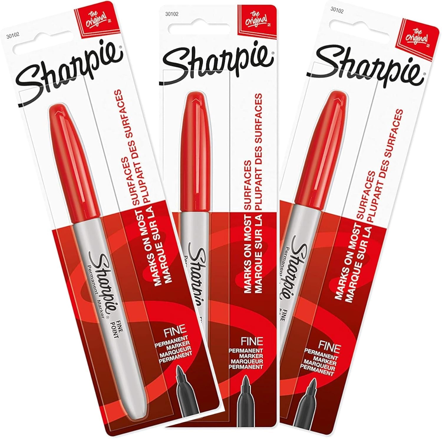 Permanent Markers, Fine Point, Red Ink, Pack of 3 (30102)