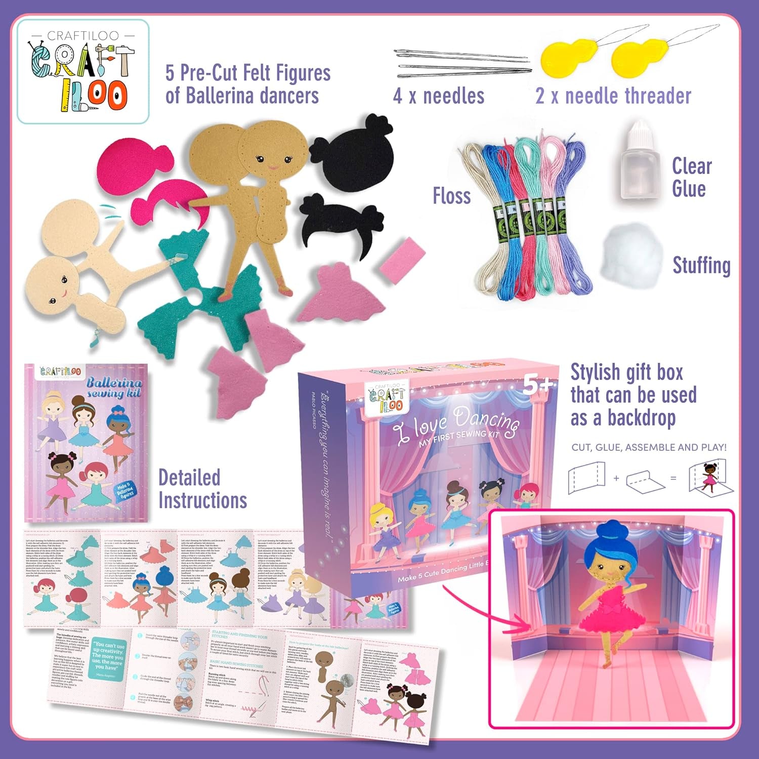 Ballerina Dancers Sewing Kit for Kids, Fun and Educational Craft Set for Boys and Girls Age 5-12, Sew Your Own Felt Ballerina Craft Kit for Beginners (Ballerina Kit)