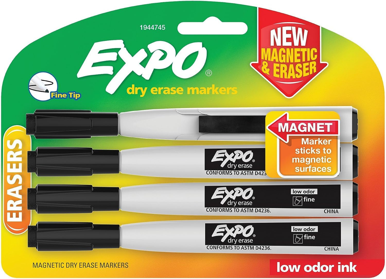 Magnetic Dry Erase Markers with Eraser, Fine Tip, Black, 4 Count