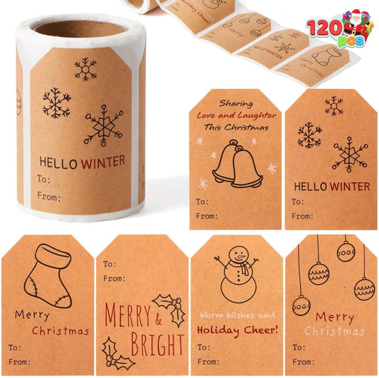 120 PCS Christmas Stickers Roll, Kraft Paper Gift Tags Label, Vintage Self Adhesive Xmas Sticker Bulk 8 Designs for Wrapping Holiday Present Envelope Seal Labels Festival Birthday Decoration