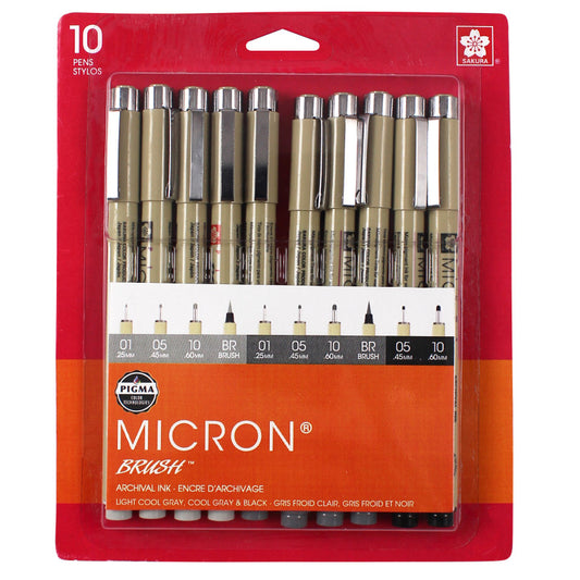 Pigma Micron Pens, Black & Grays, Assorted Sizes, 10-Piece Set, Blister Card
