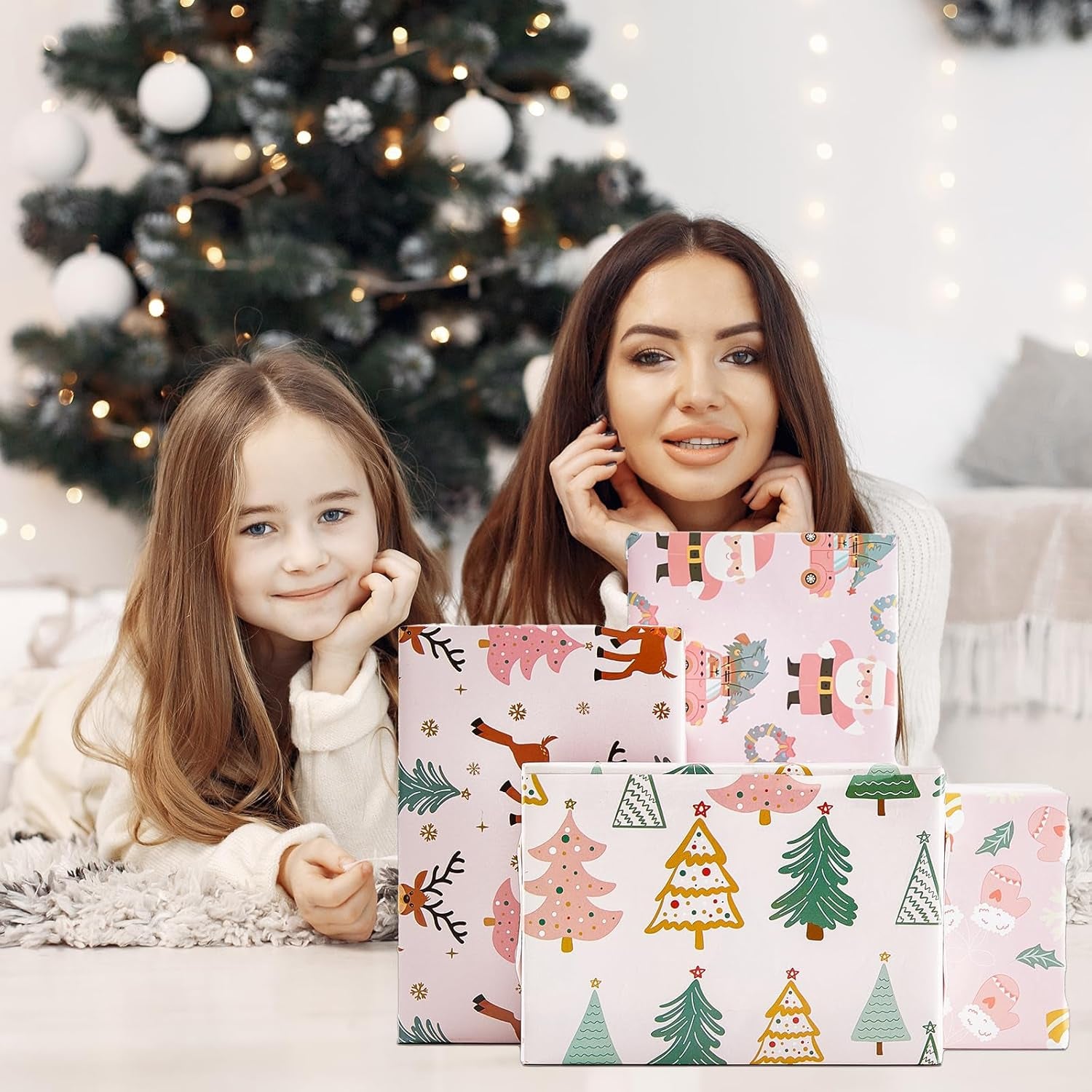 Pink Christmas Wrapping Paper for Boys Girls Kids Cute Xmas Gift