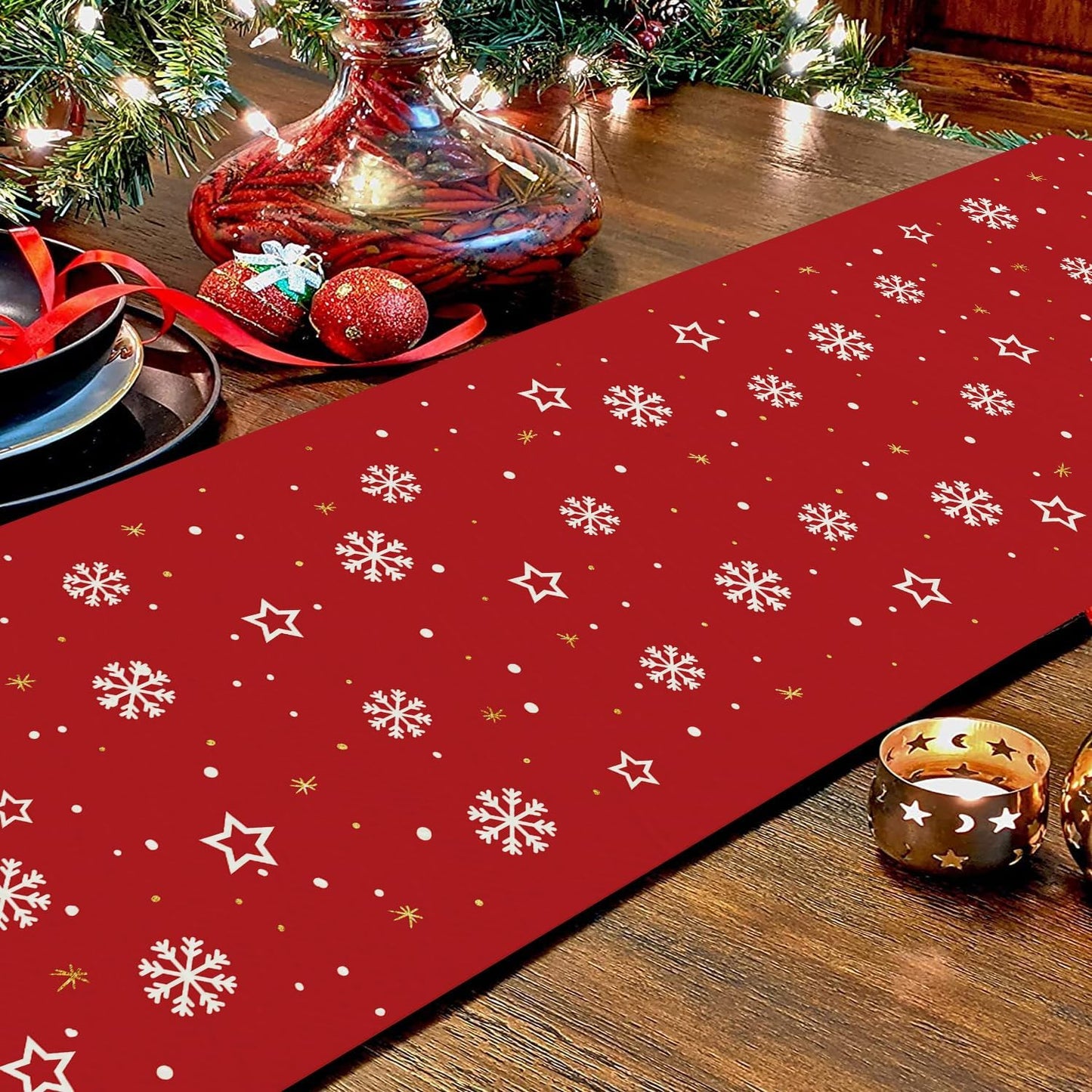 Christmas Gnomes Table Runner Red Snowflake Winter Decorations Glitter Xmas Holiday Kitchen Dining Merry Christmas Decor 13X72 Inch