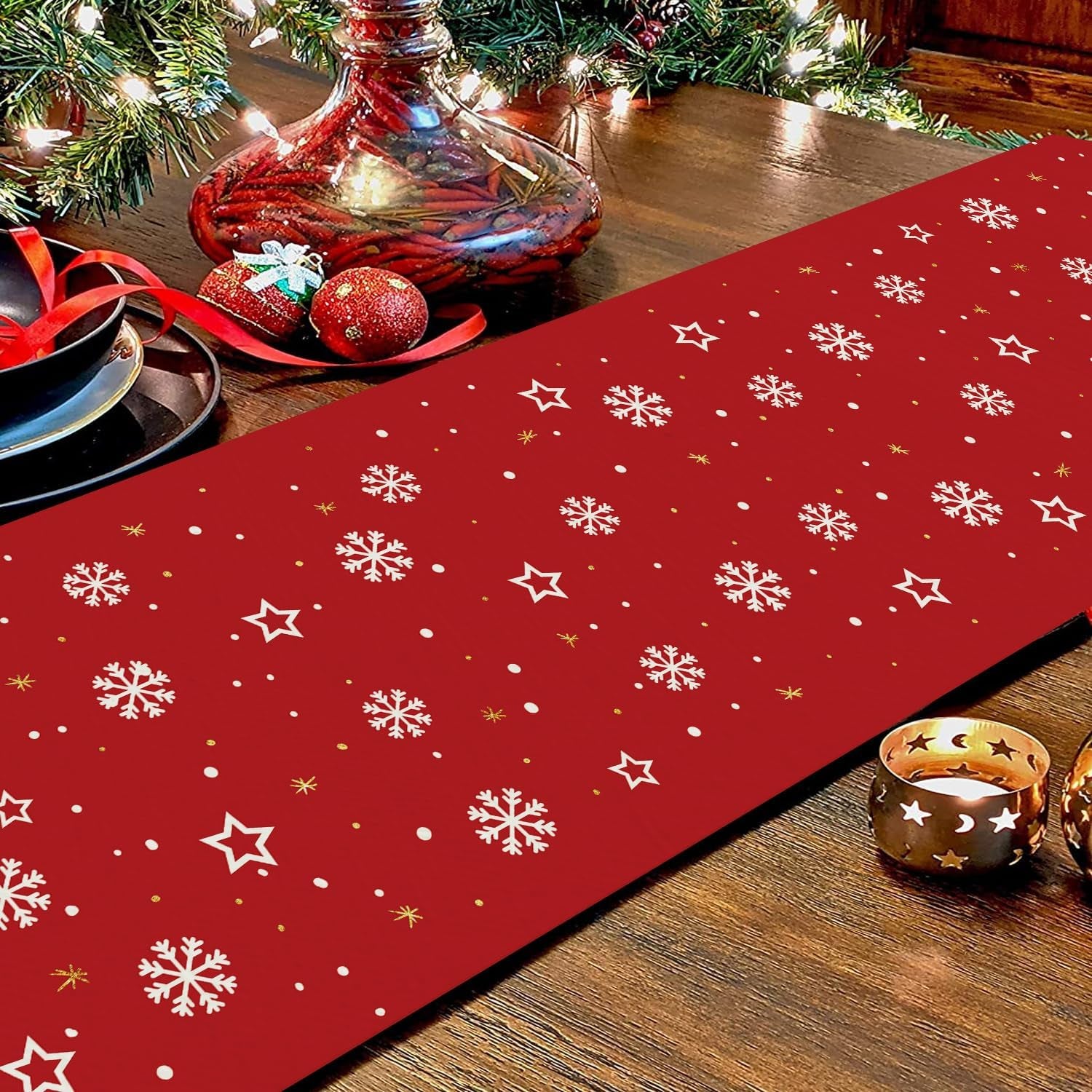 Christmas Gnomes Table Runner Red Snowflake Winter Decorations Glitter Xmas Holiday Kitchen Dining Merry Christmas Decor 13X120 Inch