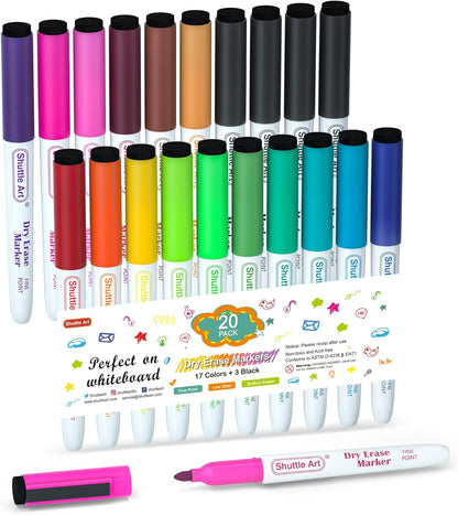 Dry Erase Markers, 20 Colors with Erase, Fine Point Dry Erase Markers Perfect for Writing on Dry-Erase Whiteboard Mirror Glass for School Office Home